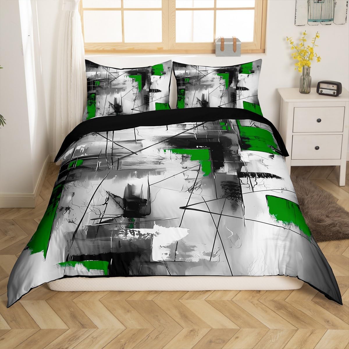 jejeloiu Green Abstract Bedding Set Toddler Size Kids, Geometric Comforter Cover for Boys Girls, Modern Art Duvet Cover Soft Lightweight Microfiber,No Stuffing