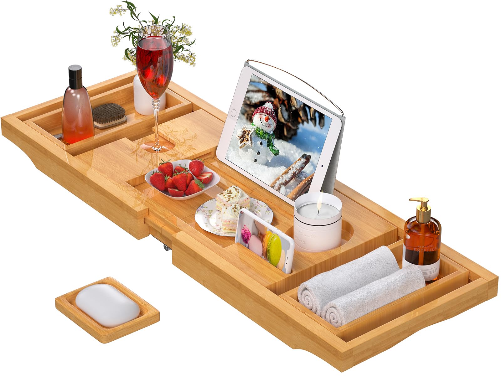 Artmalle Bathtub Caddy Tray for Tub,Foldable Bamboo Bath Table Tray with Book and Wine Glass Holder, Free Soap Dish Suitable for Luxury Spa or Reading,Natural