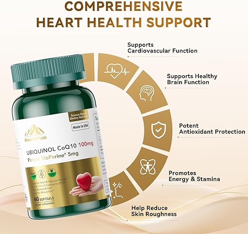 Miniatura 4 de Mission Hill Foods Premium Ubiquinol CoQ10 + BioPerine (100 mg) Antioxidante para la salud del corazón (1 botella-60 cápsulas blandas de suministro