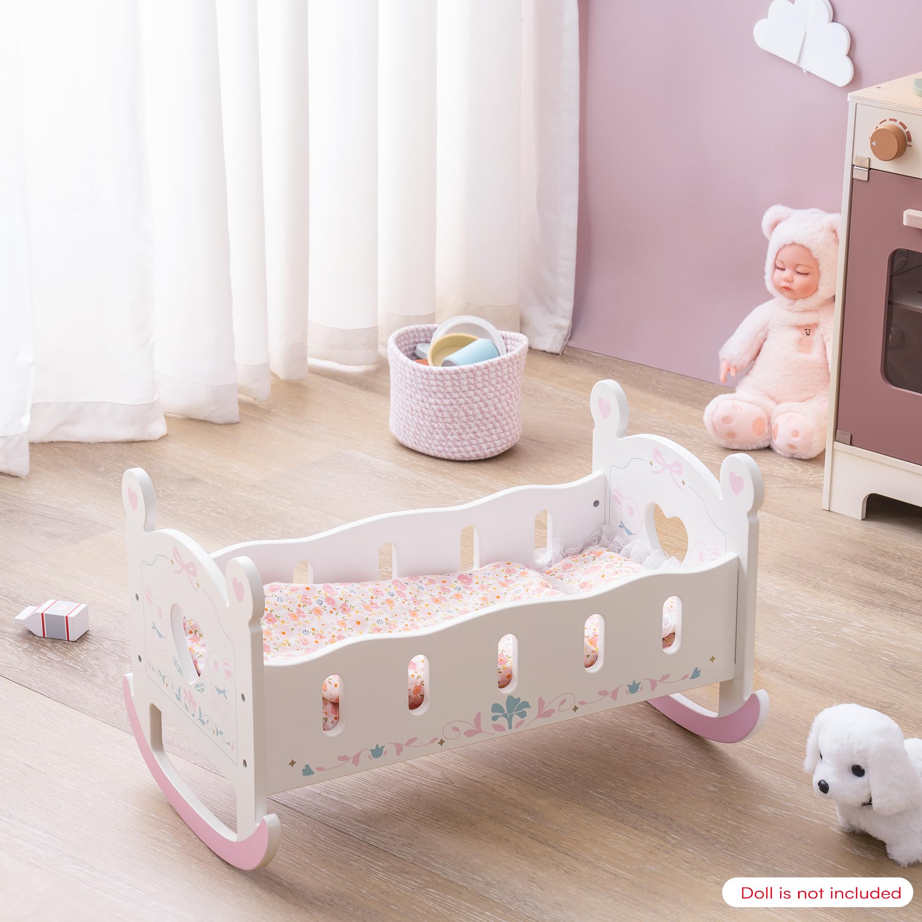 ROBOTIME Culla per bambole, letto per bambole da 45-61 cm, culla in legno con materasso, cuscino e trapunta, regalo per ragazze e ragazzi dai 3 anni in su