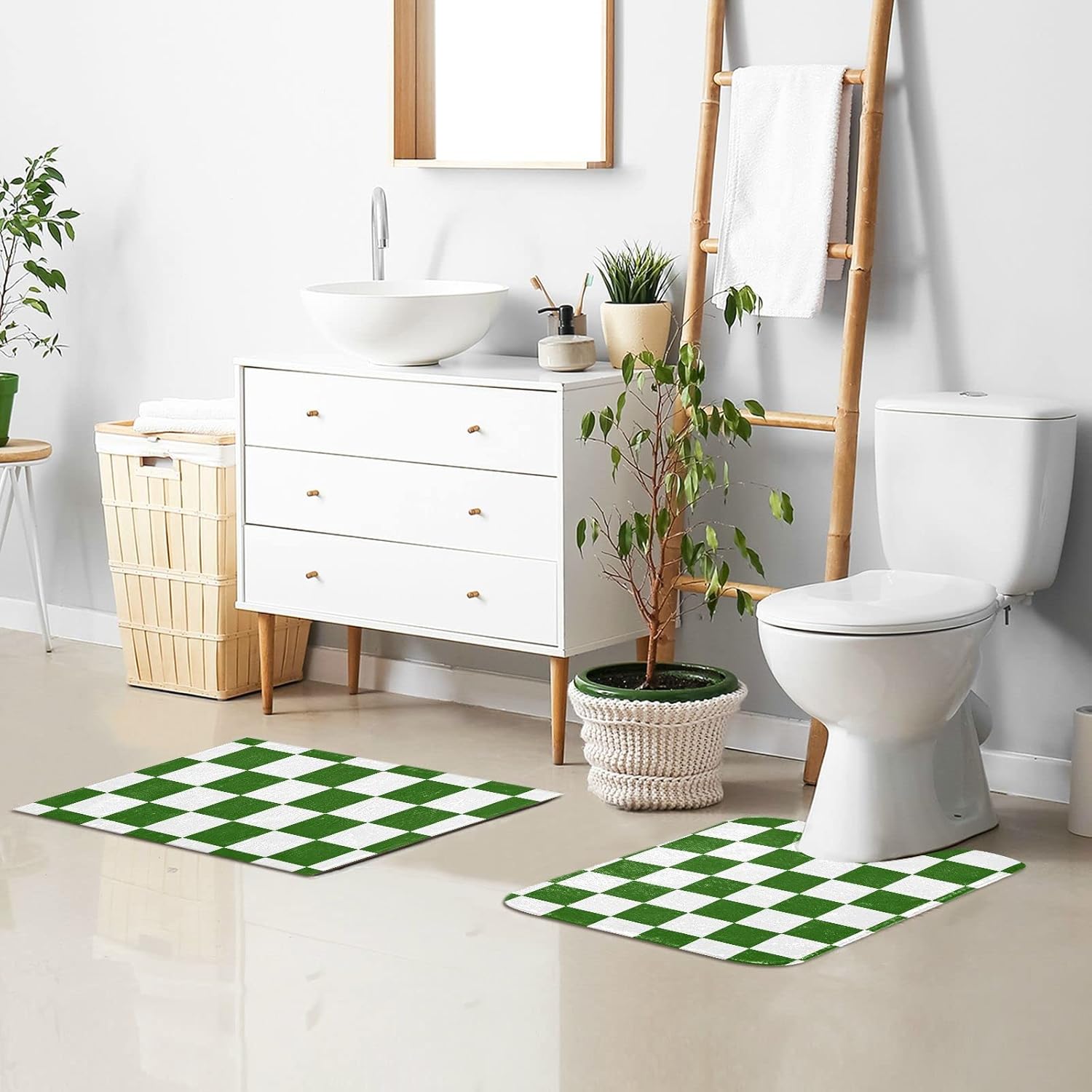 Checkerboard White Green Plaid Bathroom Rugs Mats Soft Absorbent Bathroom Rug Mat Washable Bath Mats Rugs for Bathroom Floor Non Slip Bath Rug Mat for Bath Bedroom Door, Bathroom Rugs Sets 2 Piece