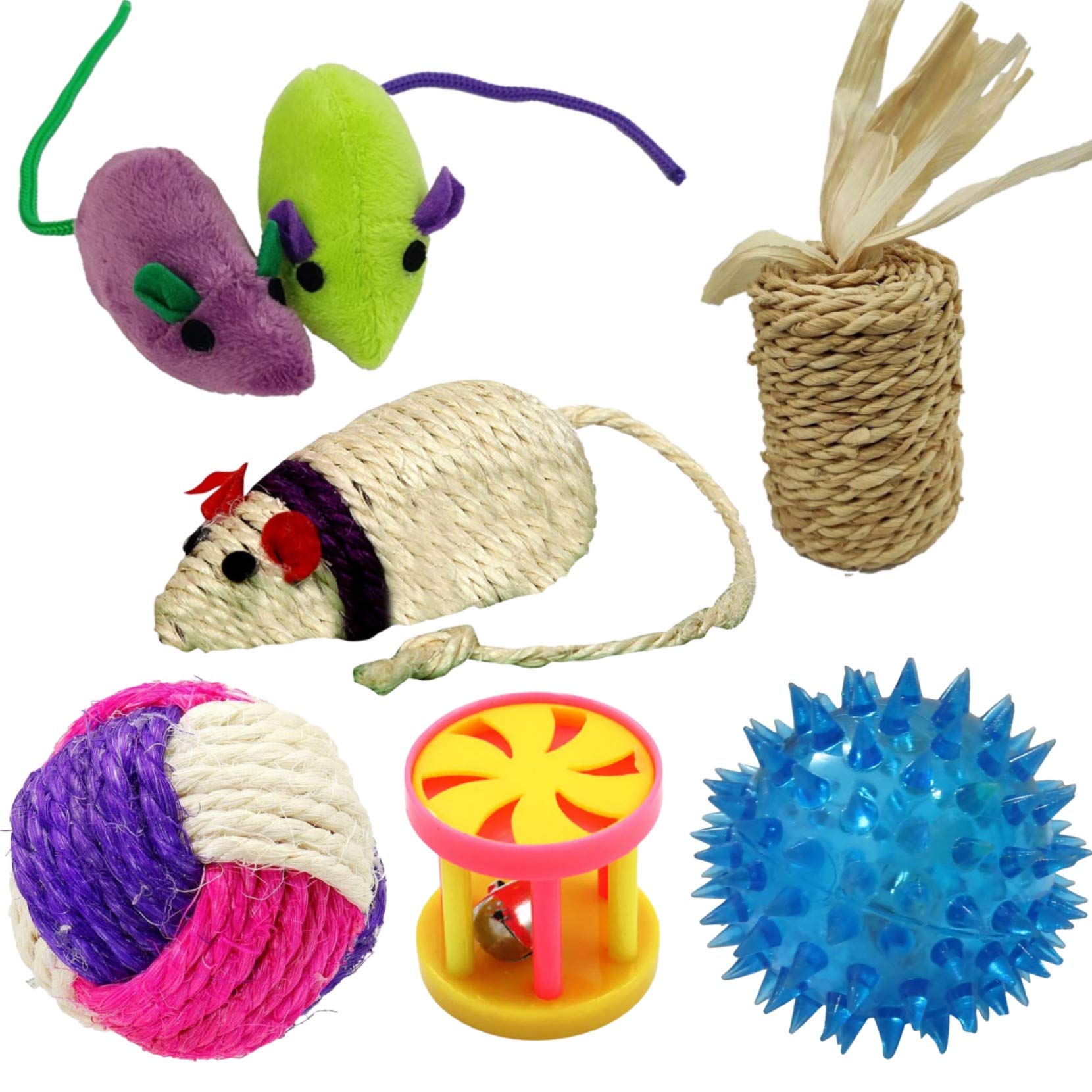 Petlicious & More 6 in 1 Cat Toys Kitten Toys Combo - 1 Drum Bell | 1 LED Ball | 1 Pair Plush Mouse | 3 Sisal Ball & Mou