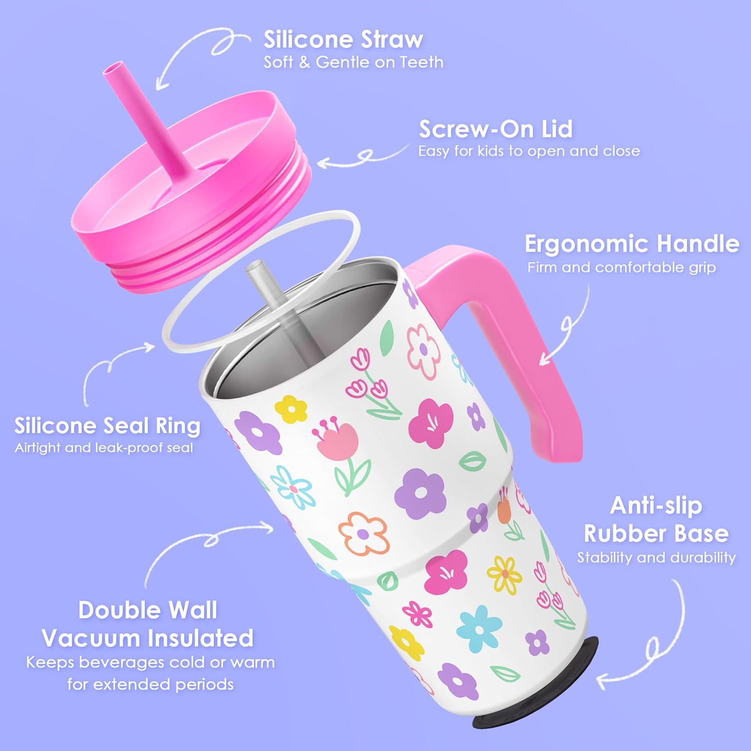 Floral Tumbler 20oz with Handle and Silicone Straw Lid for Kid, Insulated Stainless Steel Cup, Gift for Kids Girls, Gifts Idea for Birthday Christmas Back to School - Image 3
