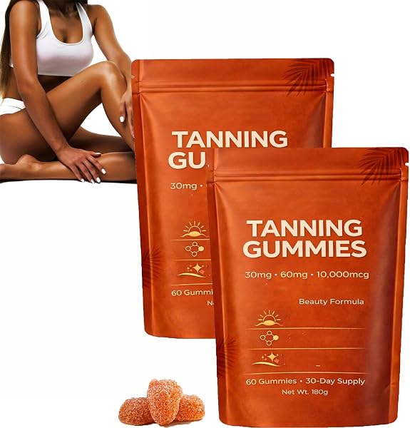Lot de 2 sachets de gommes de bronzage de la peau, mélange bêta-C-arotène et L-ycopène, format gommeux de routine beauté, améliore le teint naturel de la peau - 1