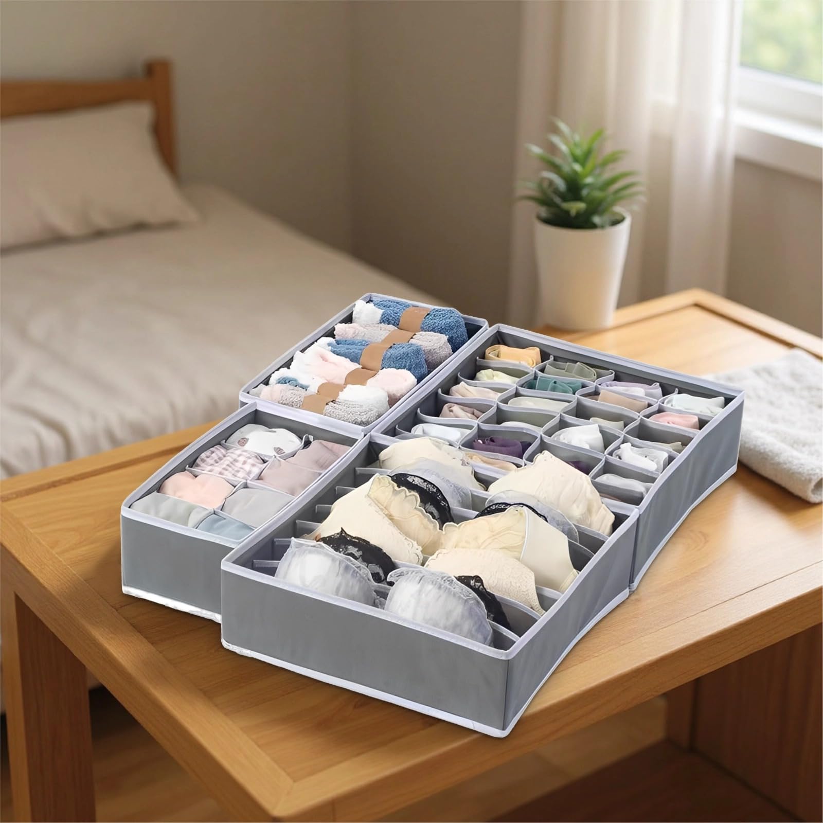 Lot de 4 organiseurs de tiroir, organiseur de chaussettes en tissu non tissé pour tiroir, organiseur pour tiroir à sous-vêtements, organiseurs de placard pliables, avec compartiments, gris