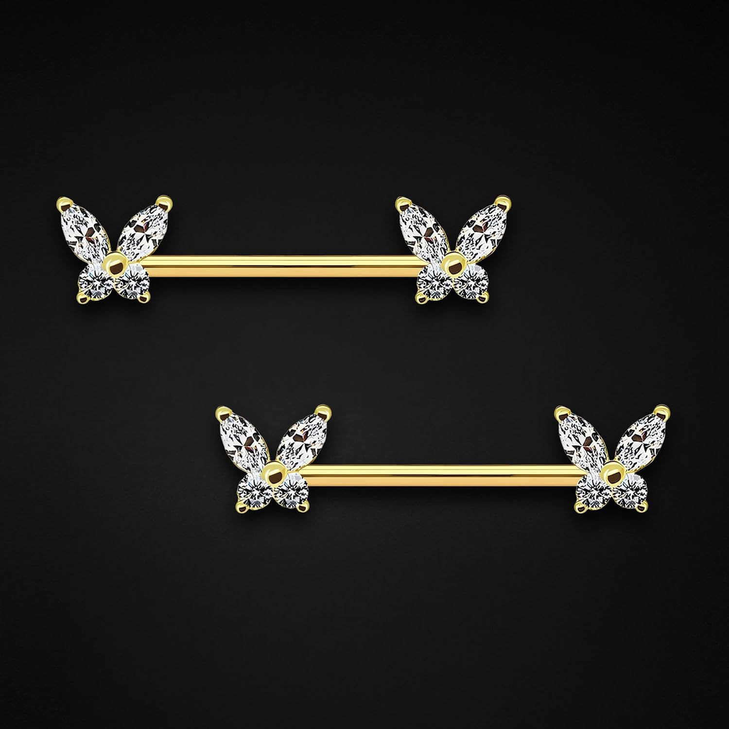 Surgical Steel Nipple Jewelry with Crystal Butterflies, Piercing Bar Fetish Straight Barbell