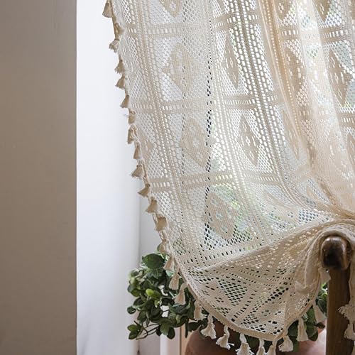 Miniatura 3 de Bringsine Cortinas bohemias de algodón para ventana de sala de estar, dormitorio, cortinas semitransparentes con borlas de macramé, bolsillo para