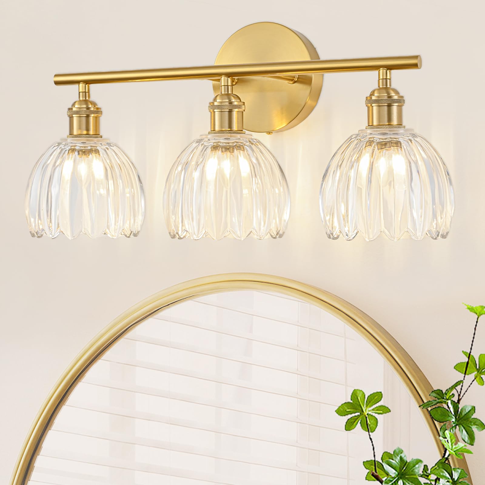 Gold Bathroom Light Fixtures Over Mirror, 3 Light Bathroom Vanity Light with Tulip Transparent Glass Lampshade, Vintage Vanity Lights for Bathroom, Bathroom Vanity Lights Over Mirror