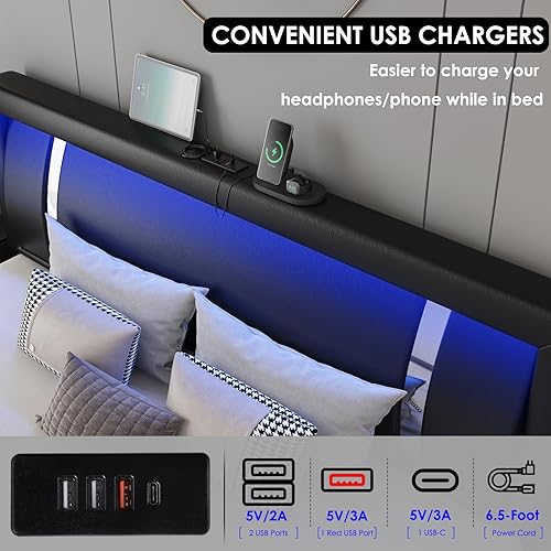 Miniatura 5 de Base de cama de tamaño matrimonial con cabecero de luces LED RGB y 2 cajones de almacenamiento, moderna plataforma inteligente tapizada de piel