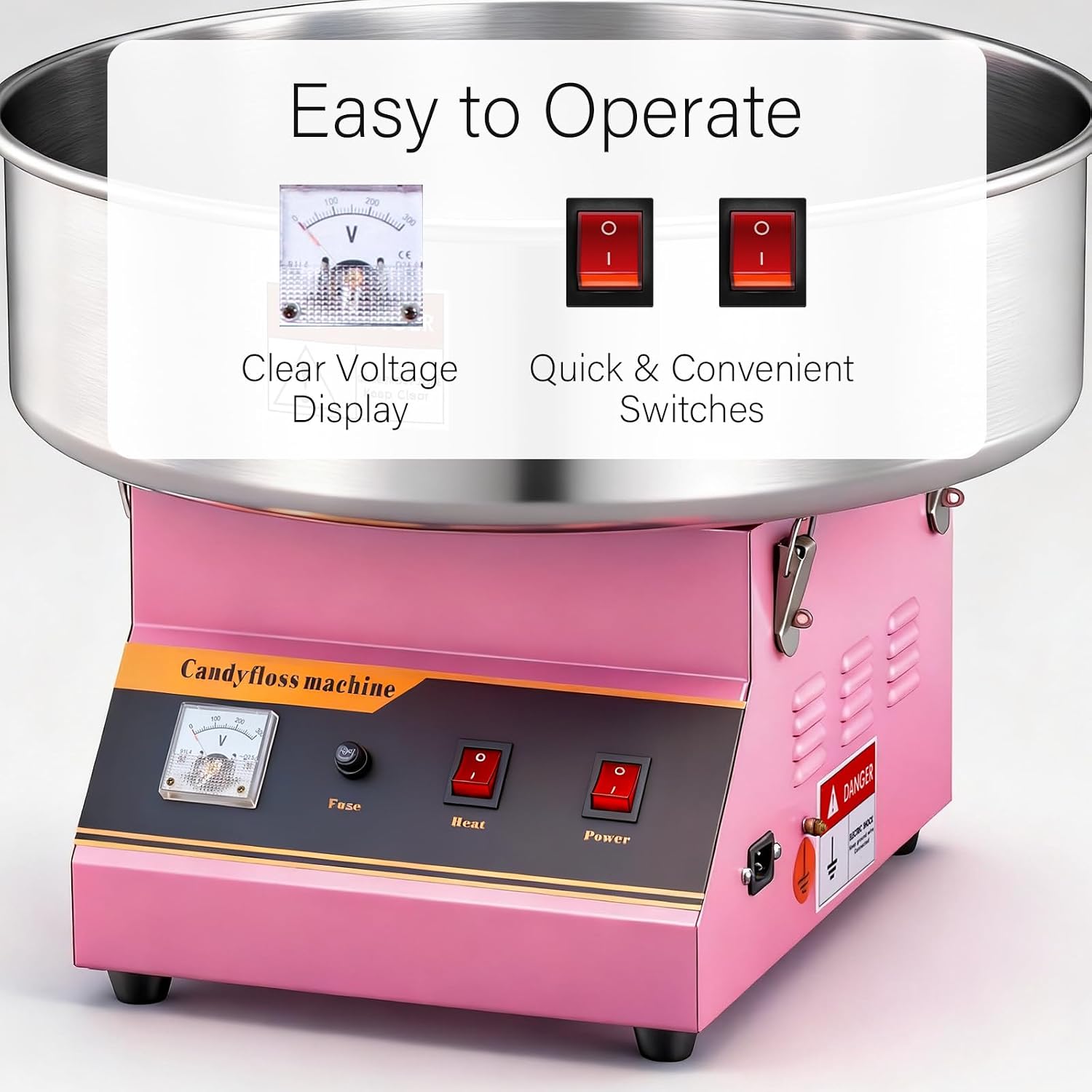 Pink 1080W Electric Cotton Candy Machine, Commercial Candy Floss Maker, 20 inch Stainless Steel Bowl with Sugar Scoop, Easy Home Use