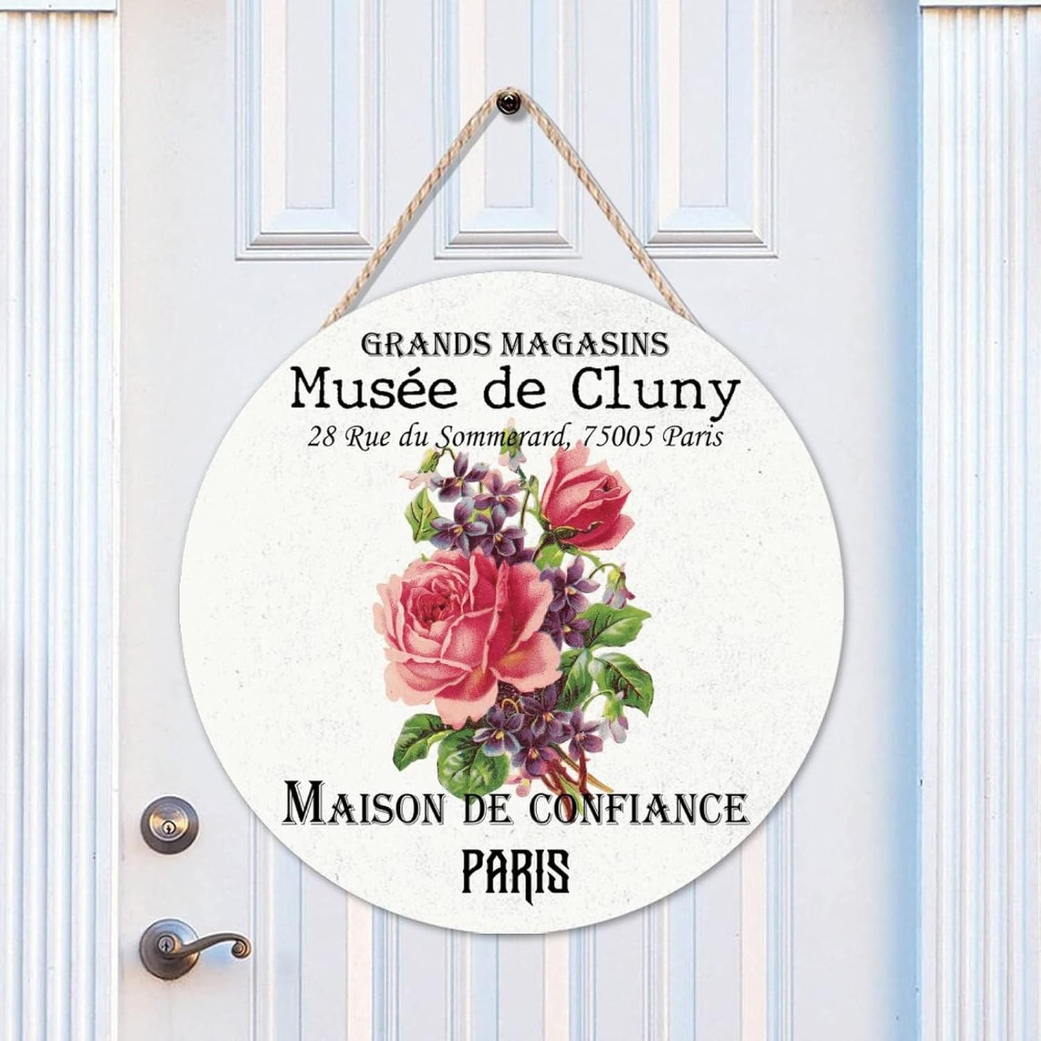 Vintage Flower Wood Door Sign, Old Paper Textures Round Door Hanger Sign, 16x16in Floral Wall Door Hanging Sign Decor for Outdoor Front Porch Front Door Housewarming Gifts