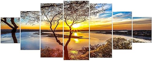 Startonight Arte de pared de vidrio acrílico, amanecer en el lago, juego de 7 paneles de 36 x 95 pulgadas