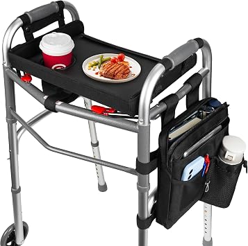 Walker Tray for Folding Walkers with Cup Holder & Side Storage Bag