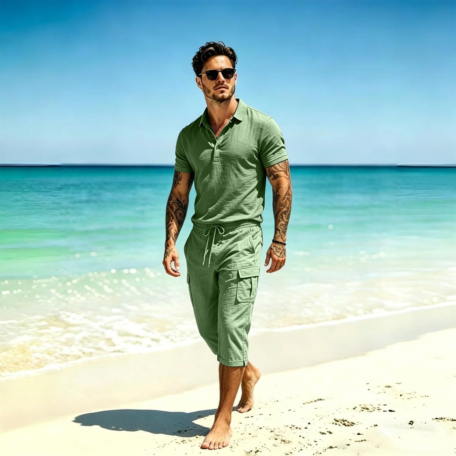 Mens 2 Piece Linen Outfits Short Sleeve Polo Shirts and Cargo Capris Summer Beach Vacation Lounge Set Resort Wear