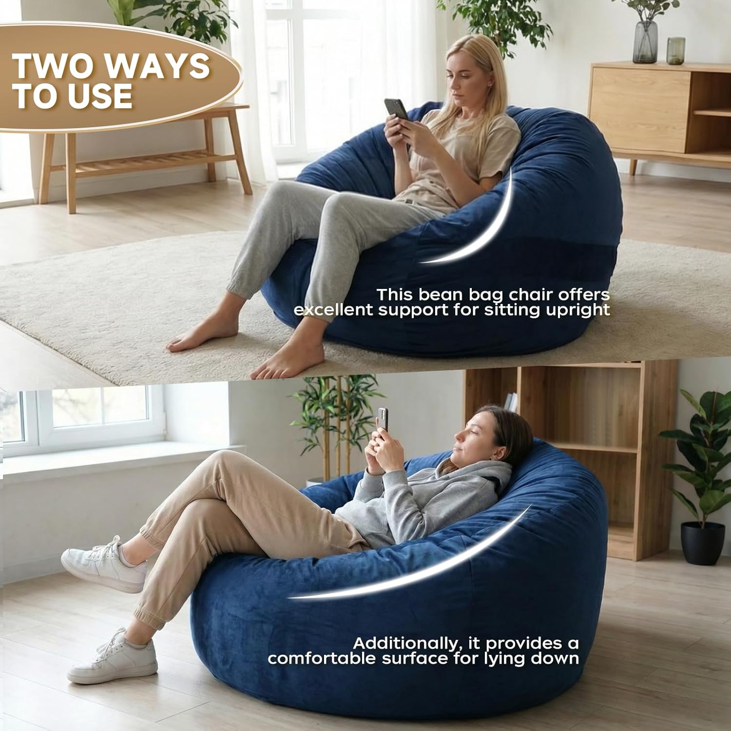 YuppieLife Large Foam Filled Bean Bag Chairs for Kids Teenagers Adults Living Room Gaming Relaxing 4F Machine Washable Lazy Sofa（Blue