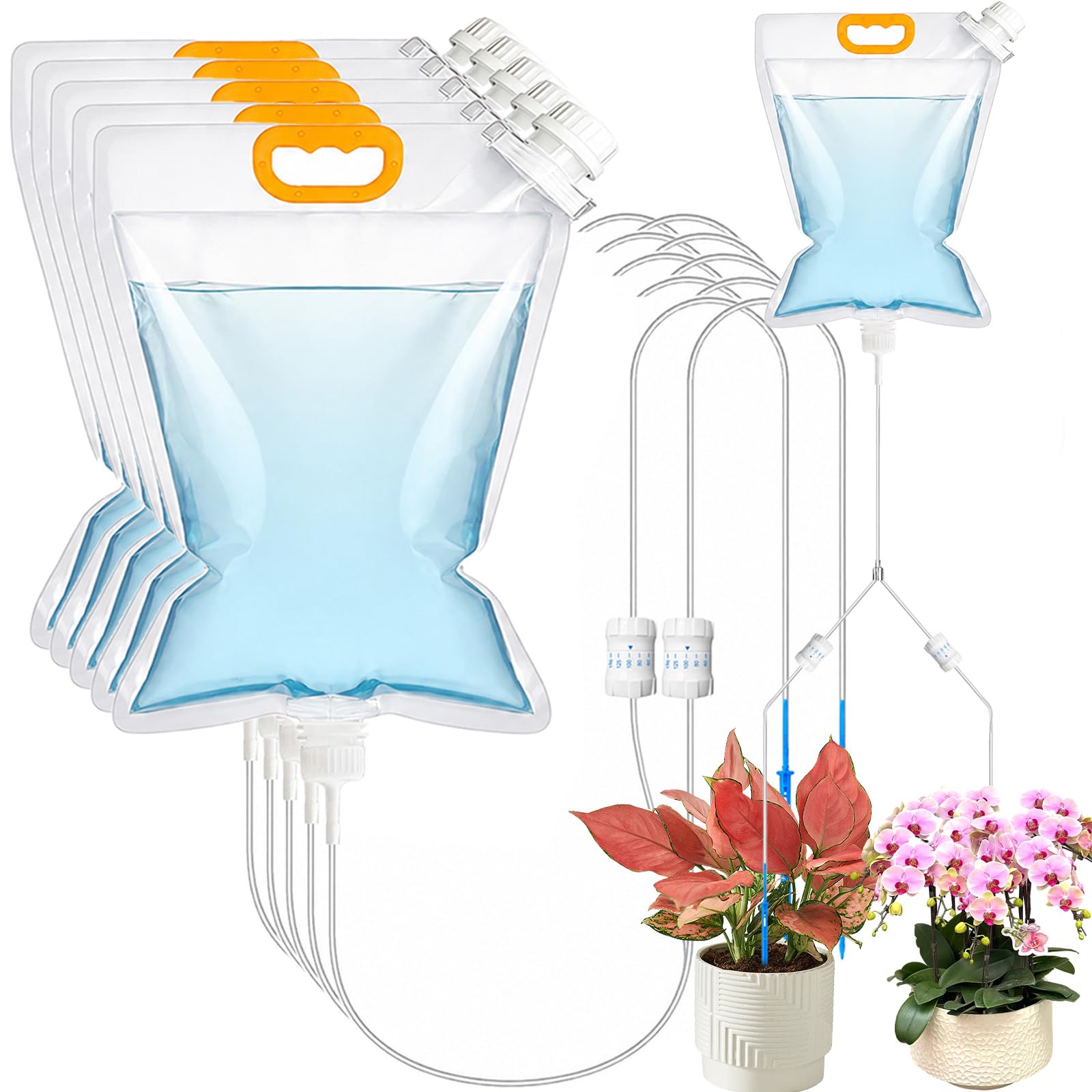 5Pcs 5L Plant Watering Drip Irrigation Bags Automatic Watering System Plastic Watering Device Plant Watering for Indoor Plants (Two Control Valves) (5, Two control valve)