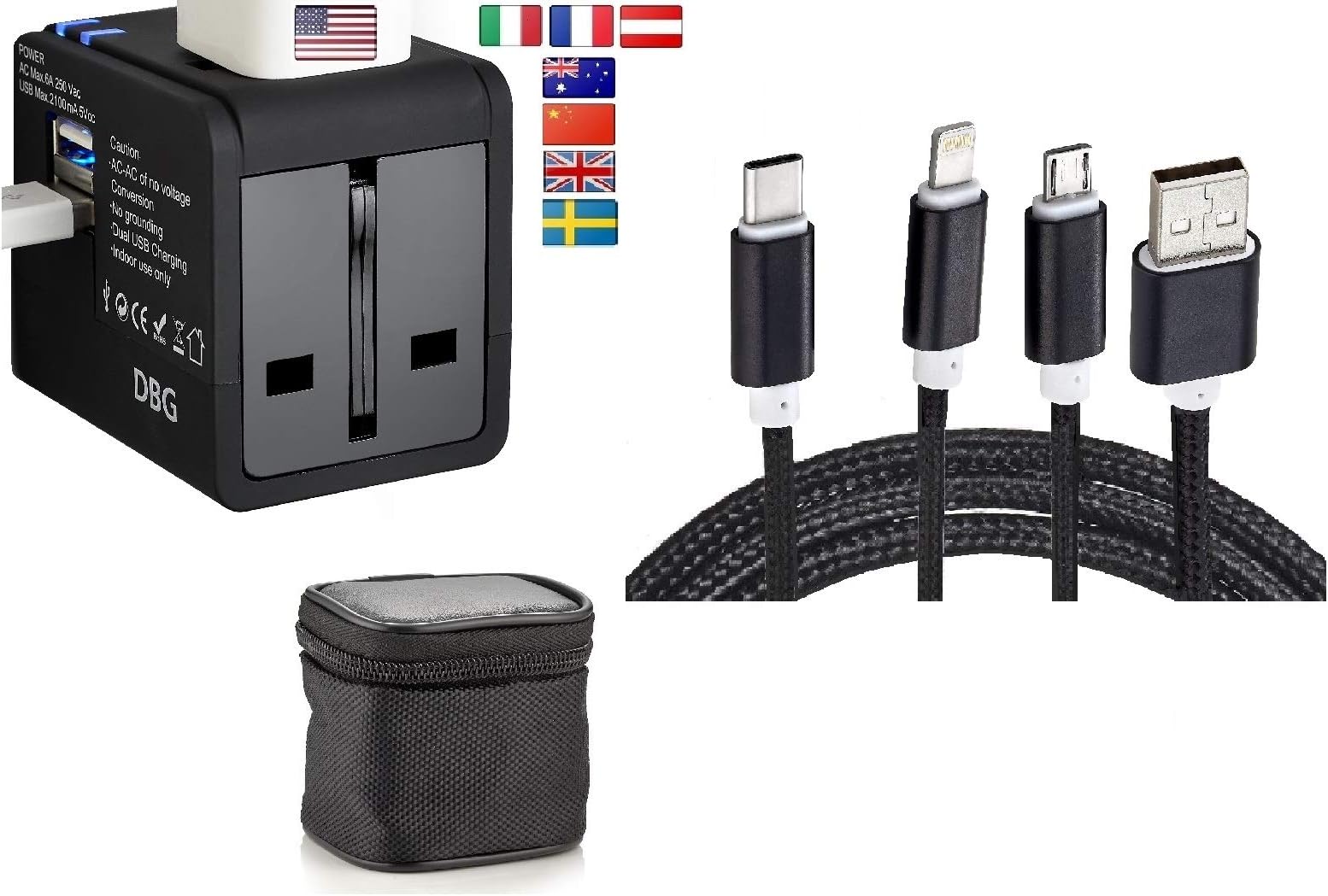 Universal Fast Charging Bundle. Travel Plug Adapter Dual USB + Universal 3 in 1 Cable. US to Europe Italy Thailand Sweden India More Than 150 Countries Multi USB Type C Type A.