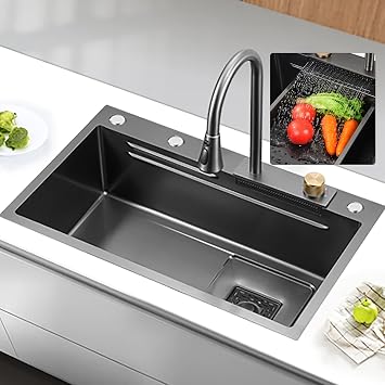 sink stainless steel sink kitchen sink stainless steel sink garden sink stainless steel sink black utility sink raindance waterfall sink undermount or drop-in sink with pull-out faucet for garden, restaurant, home and kitchen, laundry room garage factory/restaurant/commercial use/home Color A, Size 68x45x23cm