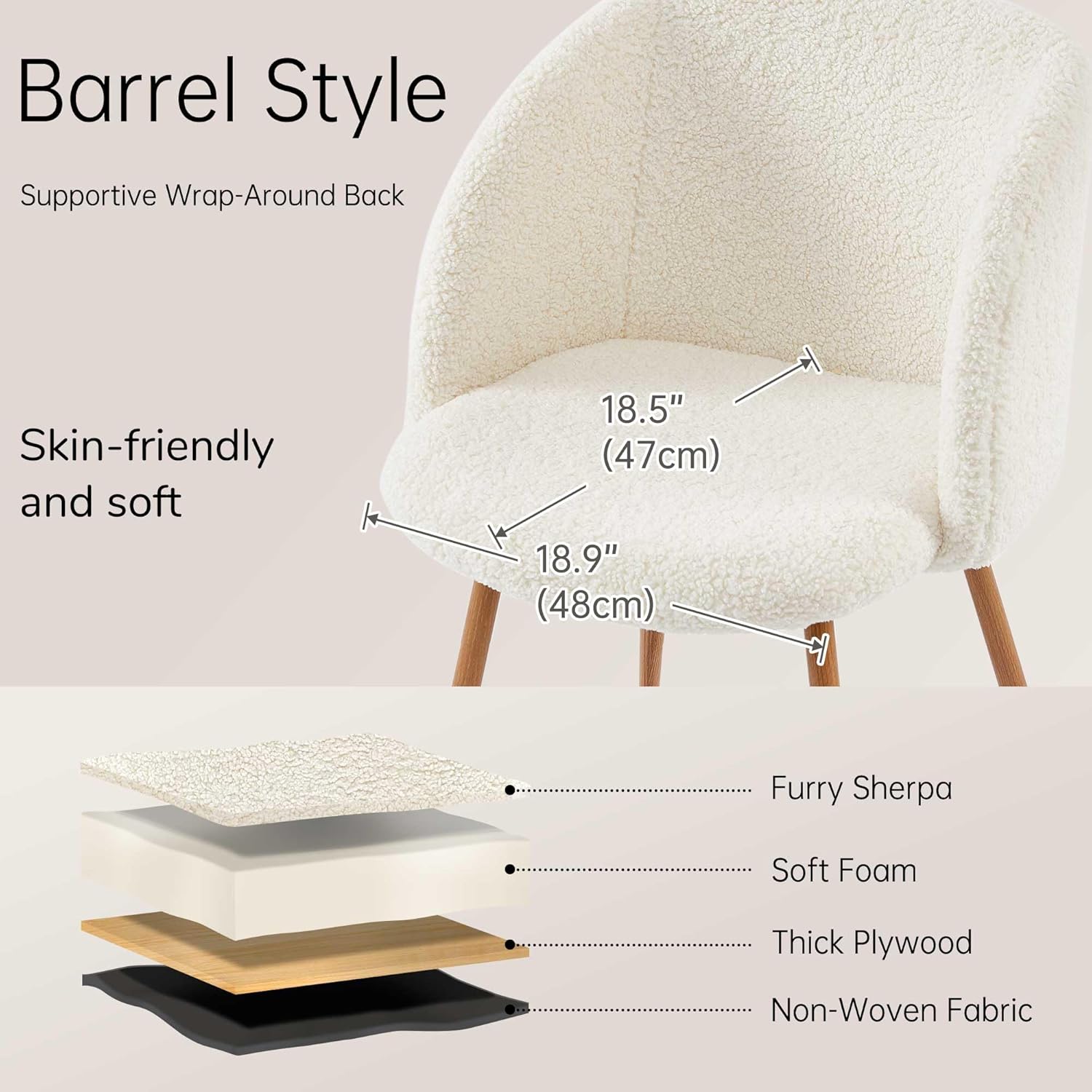 NORDICANA 5-Piece Wooden Round Dining Room Table and Chair Set, 47-Inch Kitchen Table with Barrel Chairs for 4, Off White Upholstered Sherpa Dining Set, MDF Core with Oak Finish