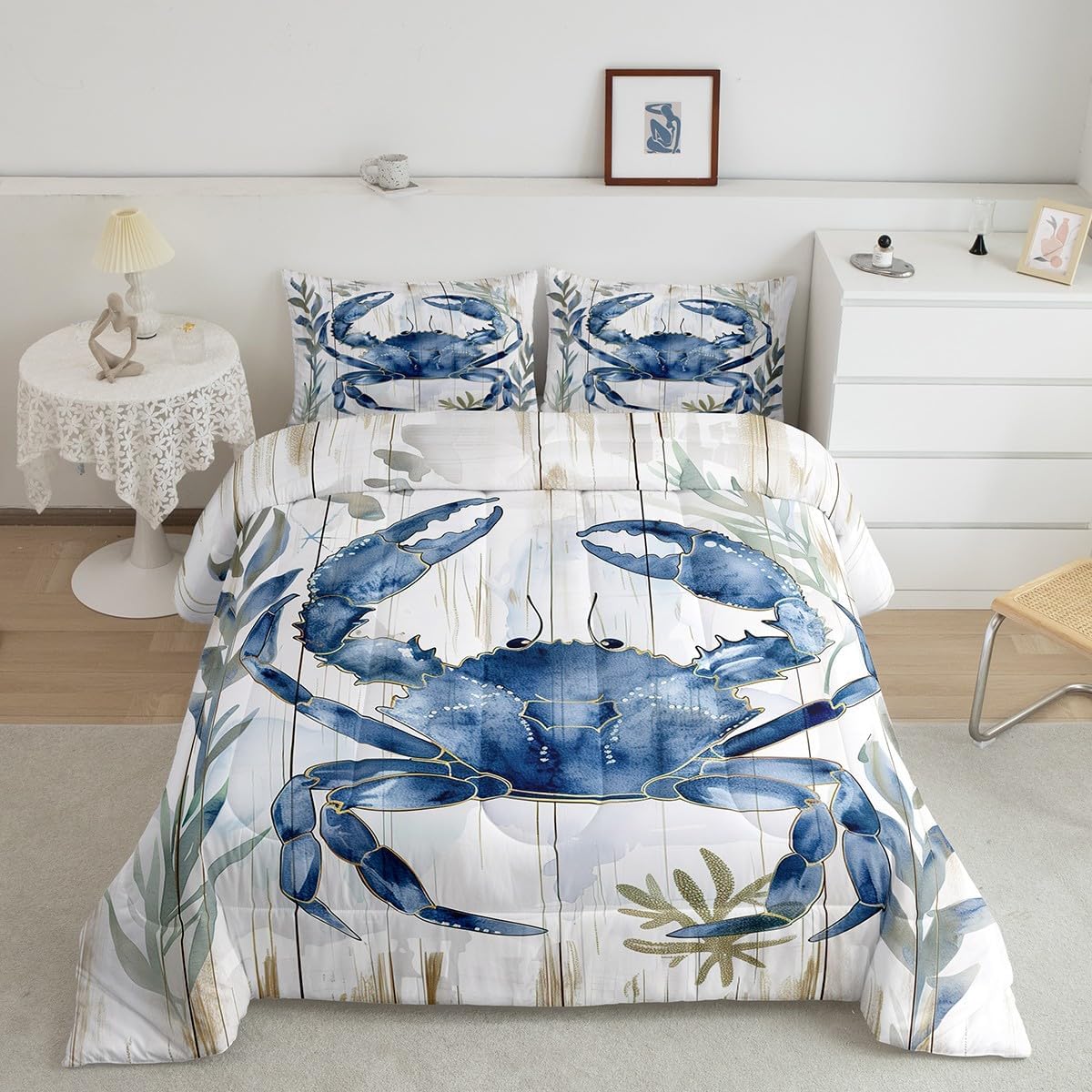 Erosebridal Crab Comforter Set King Ocean Life Bedding Set Watercolor Marine Life Sea Wild Animals Down Comforter Blue Green Seaweed Botanical Seaside Vintage Rustic Wooden Grain Retro Duvet Insert