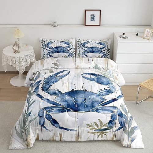 Erosebridal Juego de edredón de cangrejo tamaño King, juego de ropa de cama con acuarela, vida marina, animales salvajes, edredón de plumón azul y