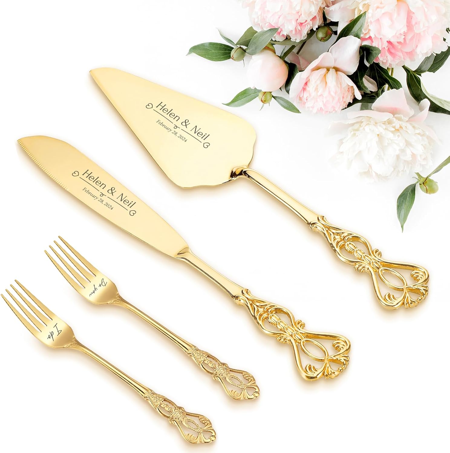 Personalized Wedding Cake Knife and Server Set Engraved Gold Cake Cutter Server Forks Custom Cake Cutting Set for Wedding Anniversary Engagement Birthday Gifts
