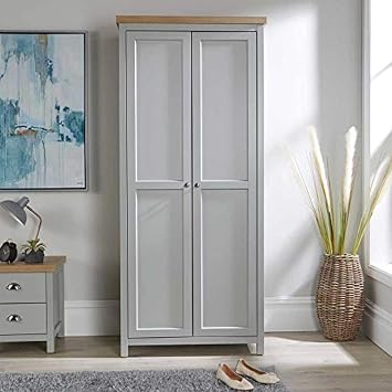 Home Source 2 Door Wardrobe, Wooden Hanging Rail Storage Shelves, Oak Effect, Grey