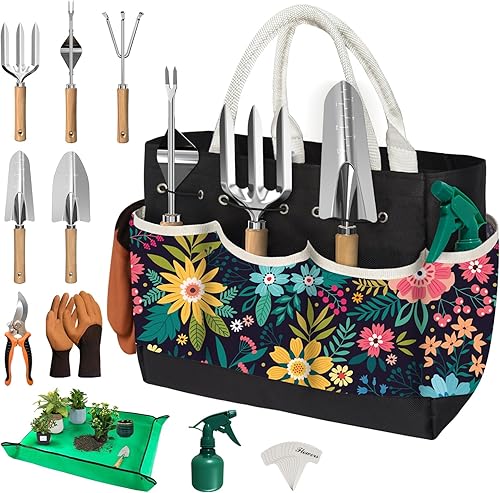 Juego de 22 herramientas de jardinería para mujer, kit de herramientas de mano de jardín resistente, accesorios de jardinería para plantas al aire