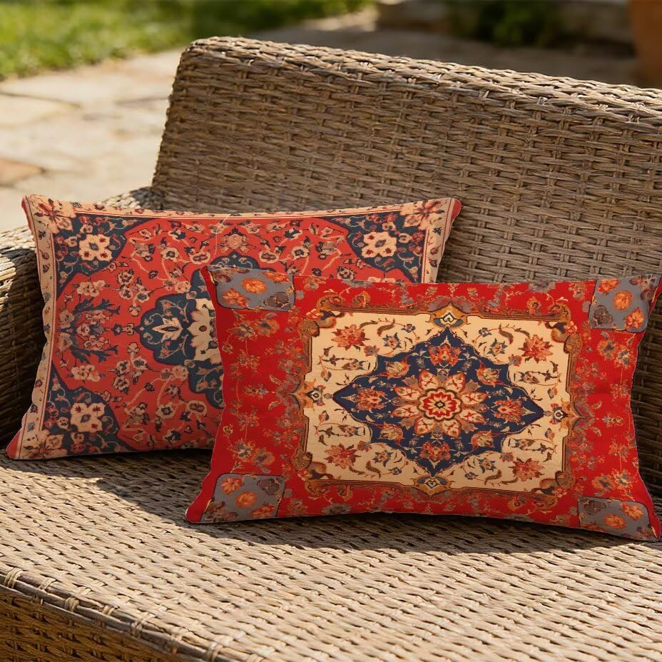 Housse de coussin de jardin texture lin rouge 50x70 cm premium résistant aux UV