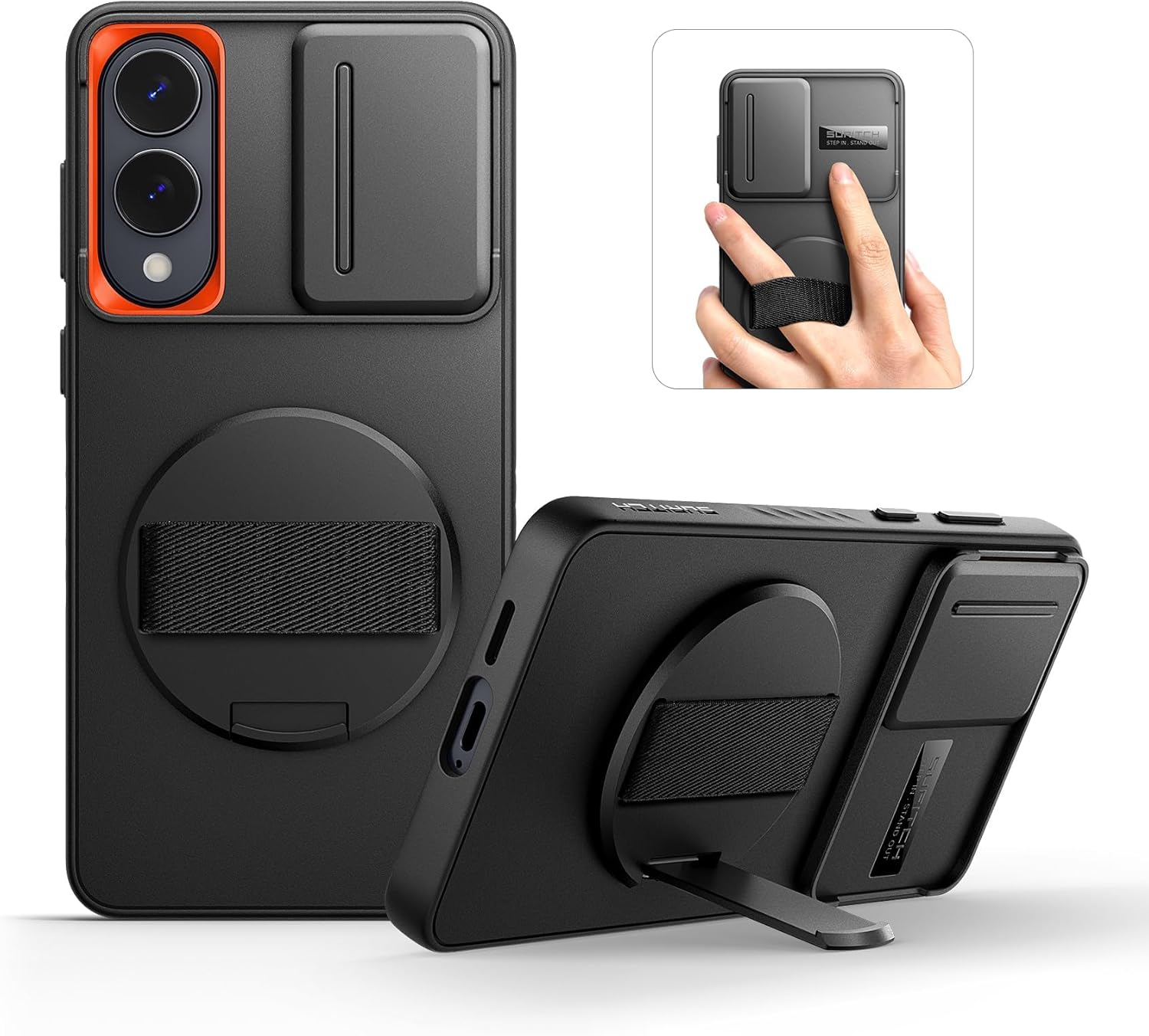 SURITCH for Samsung Galaxy S25 Edge Case with 360° Rotatable Hand Strap Phone Grip & Invisible Kickstand & Slide Camera Cover, Rugged Shockproof Protective Cover for S25 Edge -Black