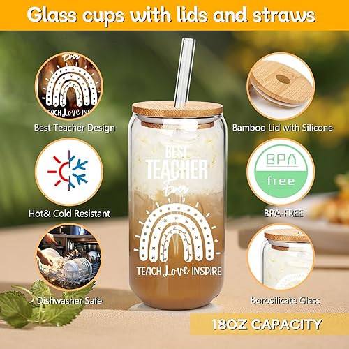 Miniatura 6 de ANOTION Taza de café helado con tapas y pajilla, tazas de vidrio con cubierta de bambú, tazas de café de vidrio de 20 onzas, vasos de café