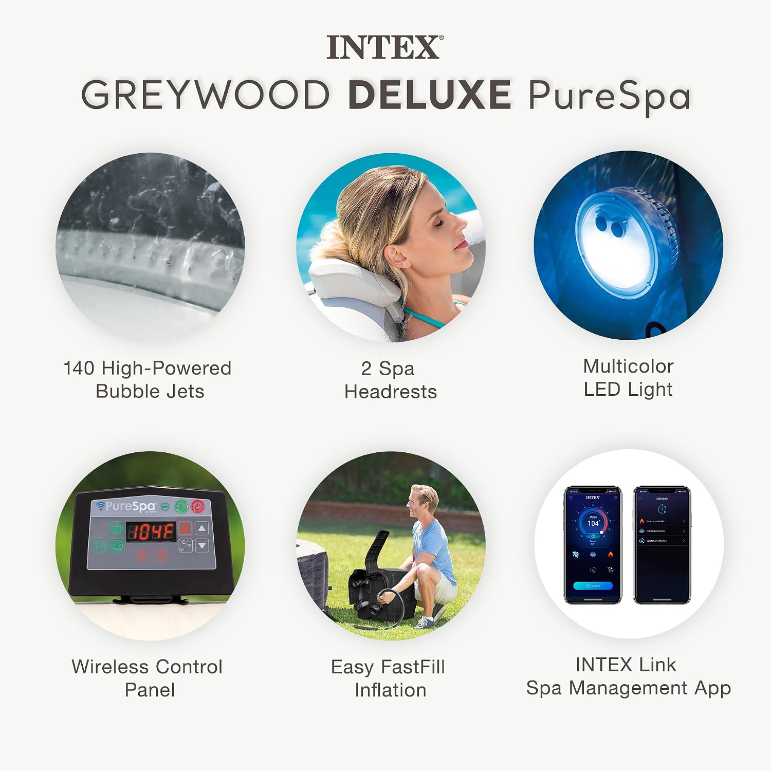 Intex PureSpa Plus Greywood Inflatable Hot Tub Jet Spa with Brush, Skimmer and Scrubber Maintenance Kit and 2 Removable Seat Spa Accessories
