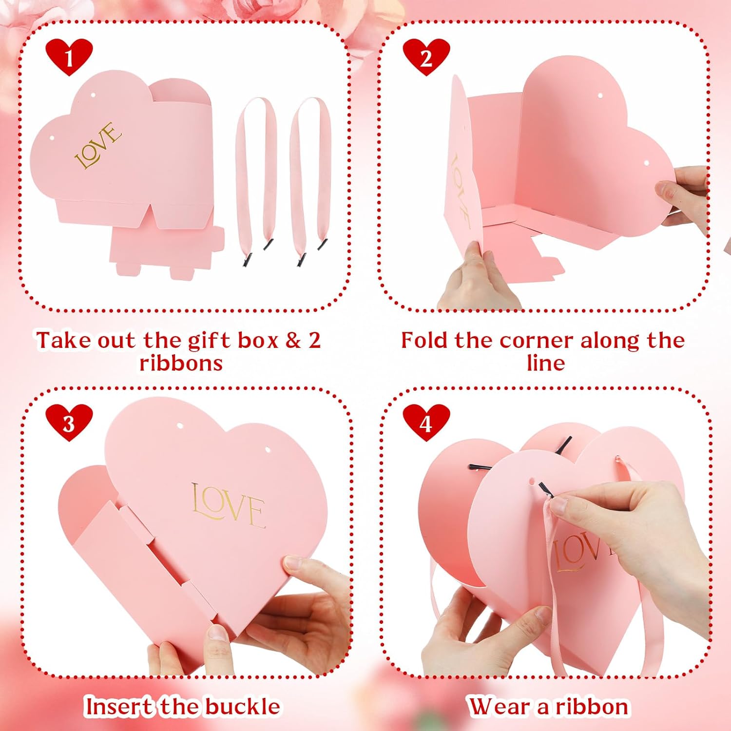 Kolldenn 12 Pcs Heart Shaped Flowers Boxes Valentine Bouquet Storage Bucket Valentine's Day Floral Boxes for Arrangements Paper Floral Bag with Handle Basket Handbag for Florist Bridal Shower(Pink) - Image 4