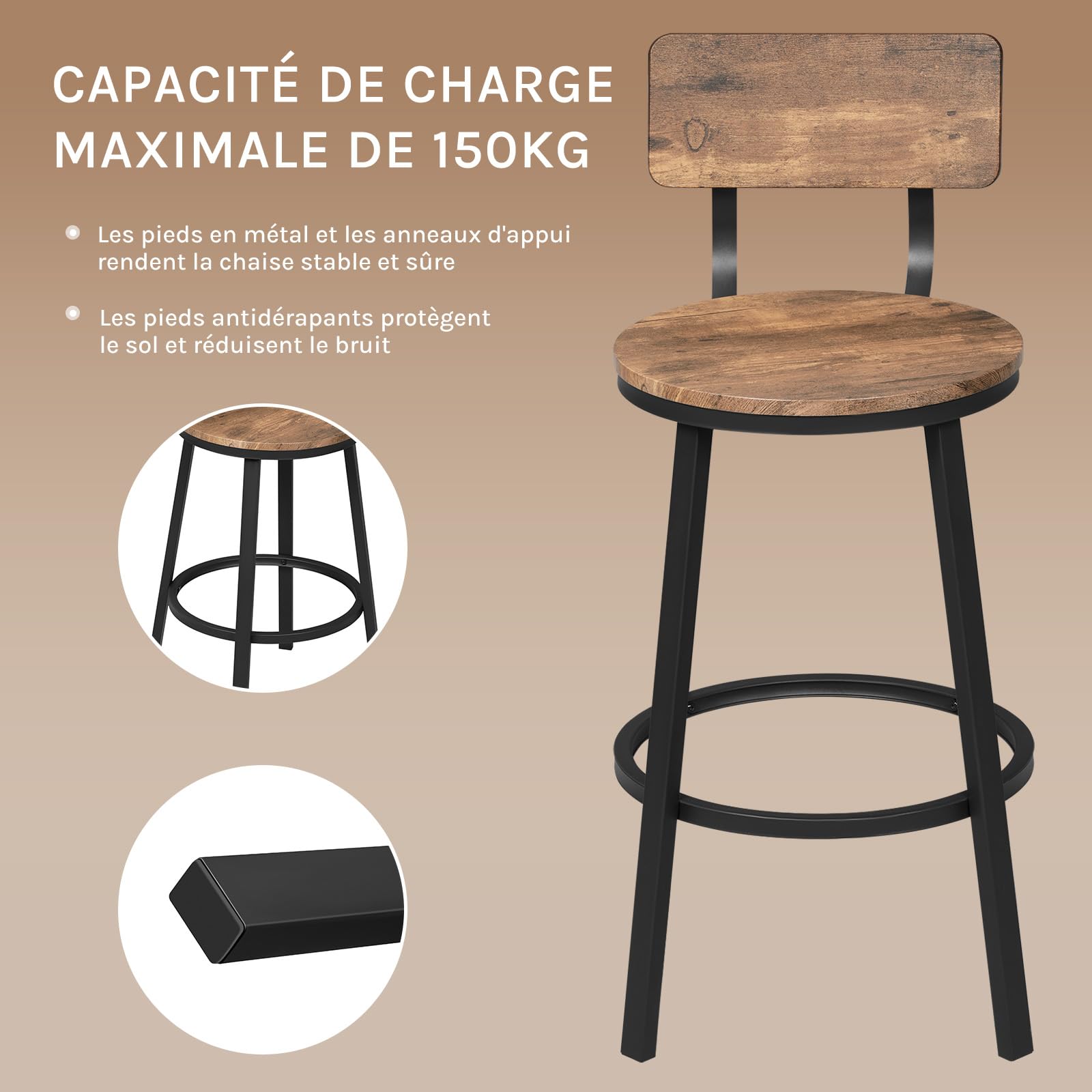 WOLTU Tabourets de Bar Lot de 6, Chaise Haute Cuisine, avec Repose-Pieds et Dossier, en Métal, Marron Rustique, BH431vbn-2