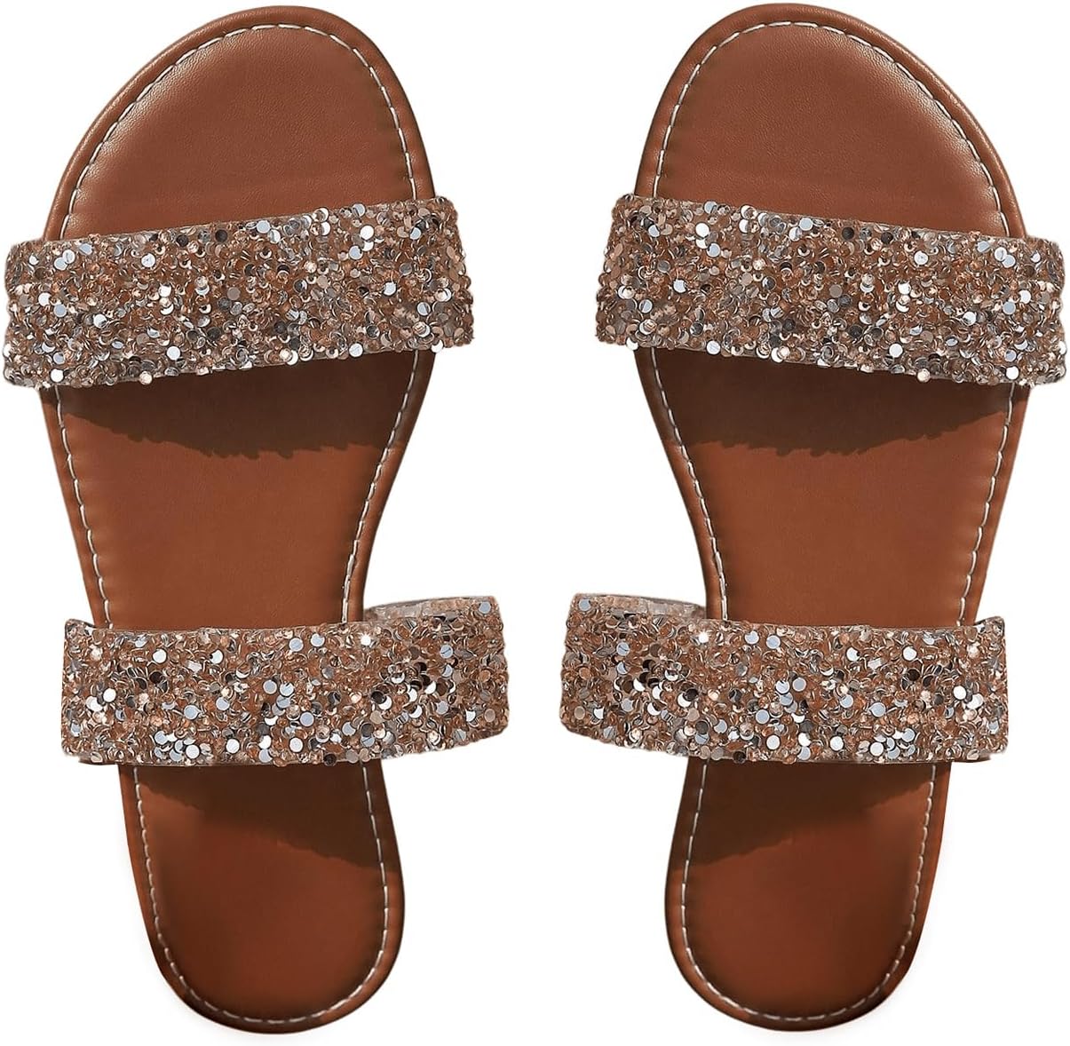 GORGLITTER Women’s Sparkly Glitter Flats Sandal Sequin Two Band Open Toe Slip on Slides Wedding Sandals