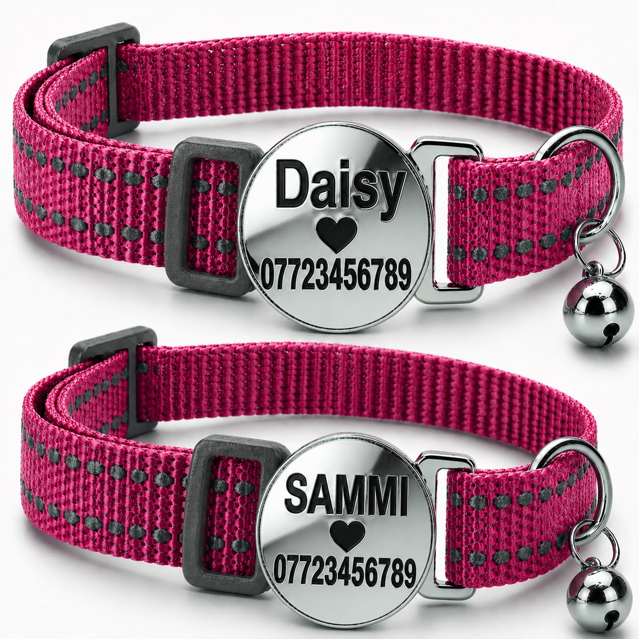 2 Pack Personalised Cat Collar with Name & Phone Number, Breakaway Safety Buckle, Reflective Adjustable Kitten to Adult (Rose Red)