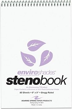 ROARING SPRING Enviroshades Colored Steno Books, 4 Pack of Memo Pads, Recycled Orchid Paper, 6" x 9", 80 Sheets, Gregg Ruled, Perforated, Wirebound, Heavy Chipboard Back
