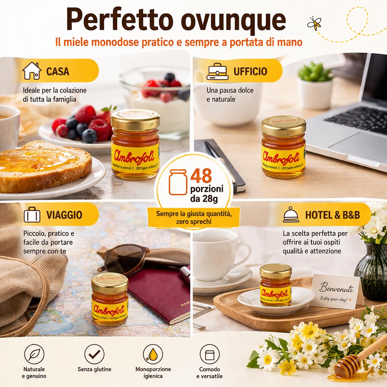 Ambrosoli 48 Porzioni Miele di Fiori 28g, Miele Monodose Pratico per Casa, Ufficio e Colazione