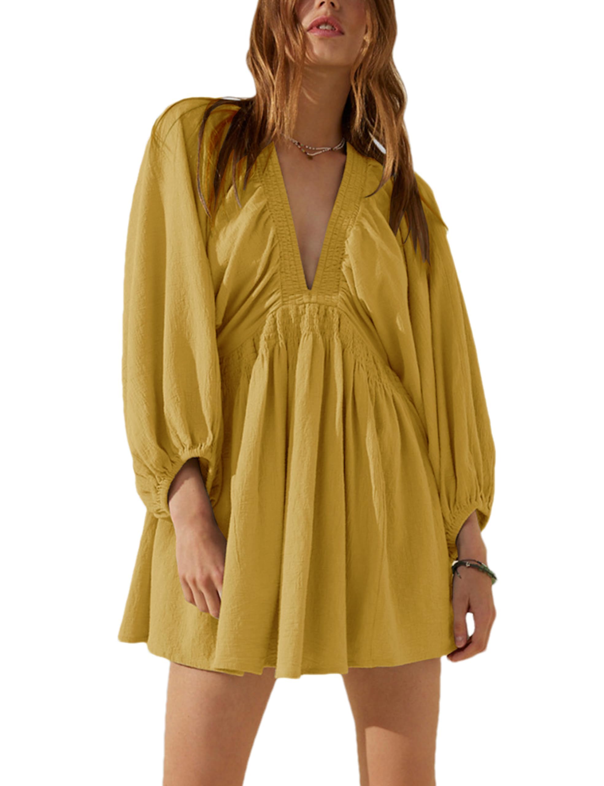 Vestido tipo túnica sexy de manga larga con cuello en V para mujer, casual, holgado, con vuelo, mini vestido recto