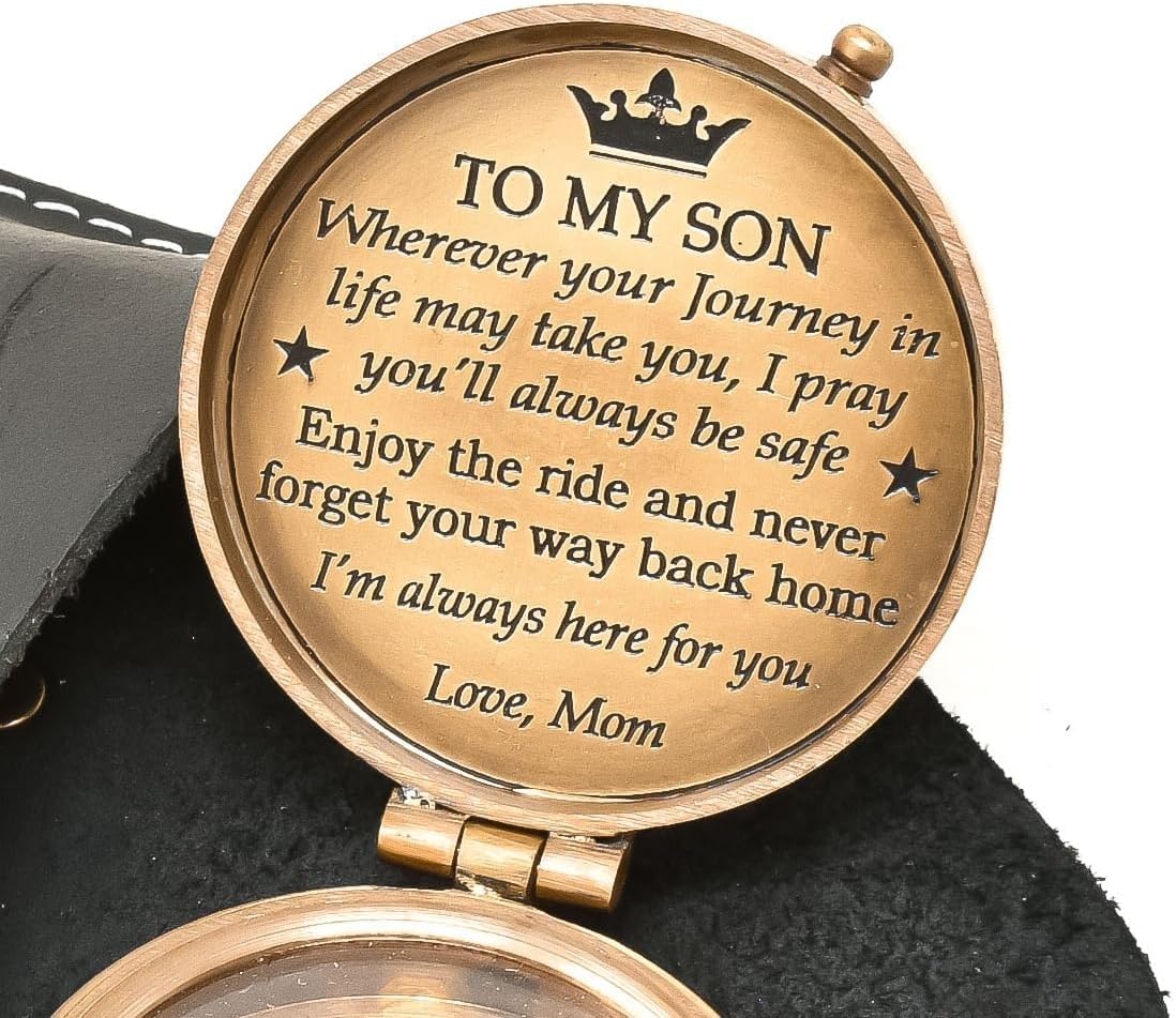 Personalized Brass Compass with Engraved Case - Graduation & Birthday Gift for Son - Scripture Quote Direction Working Compass