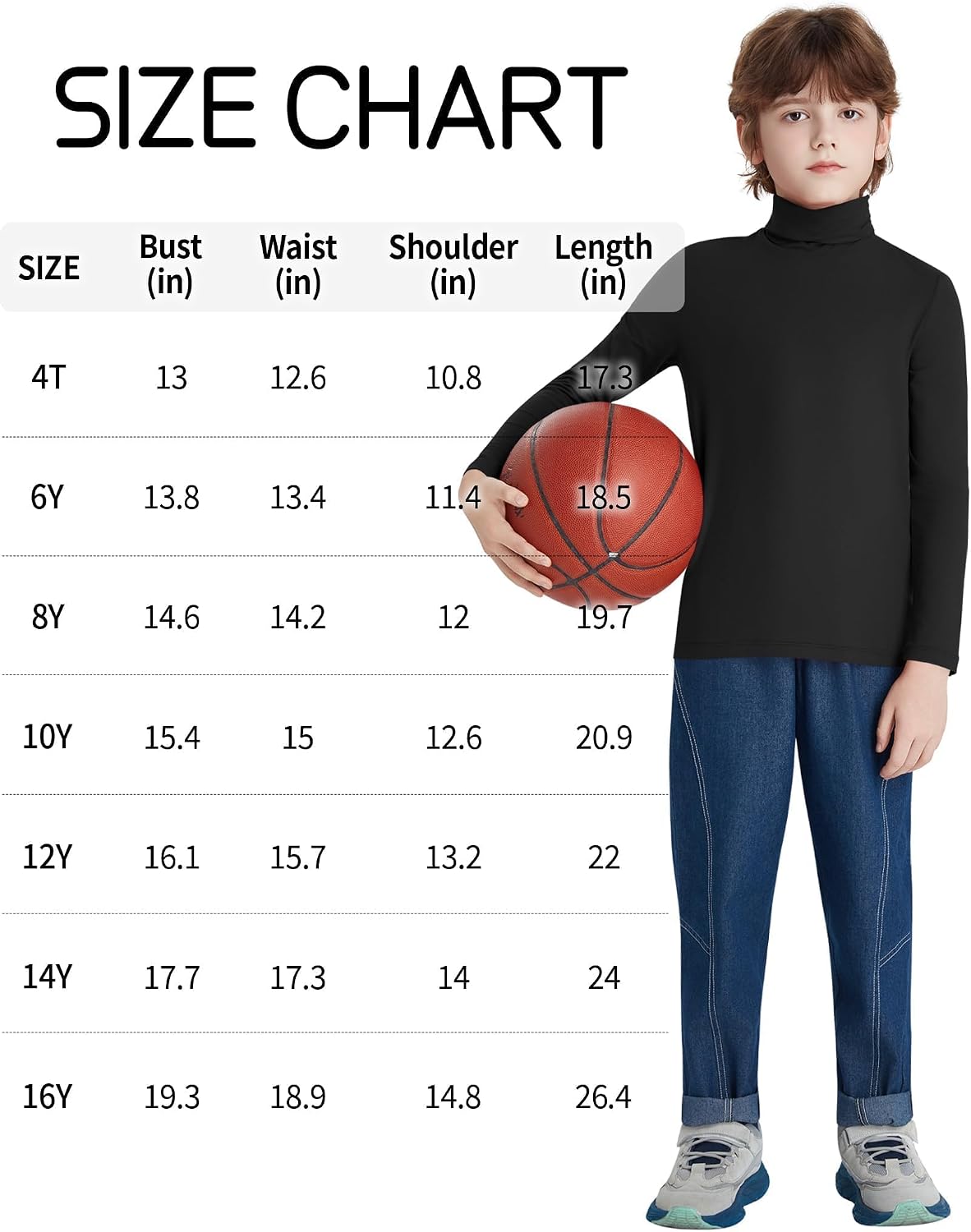 Dreammonkey Boys Turtleneck Long Sleeve Shirt Thermal Turtle Neck Soft Stretch Base Layer Tee for Kids（4T-16Y）