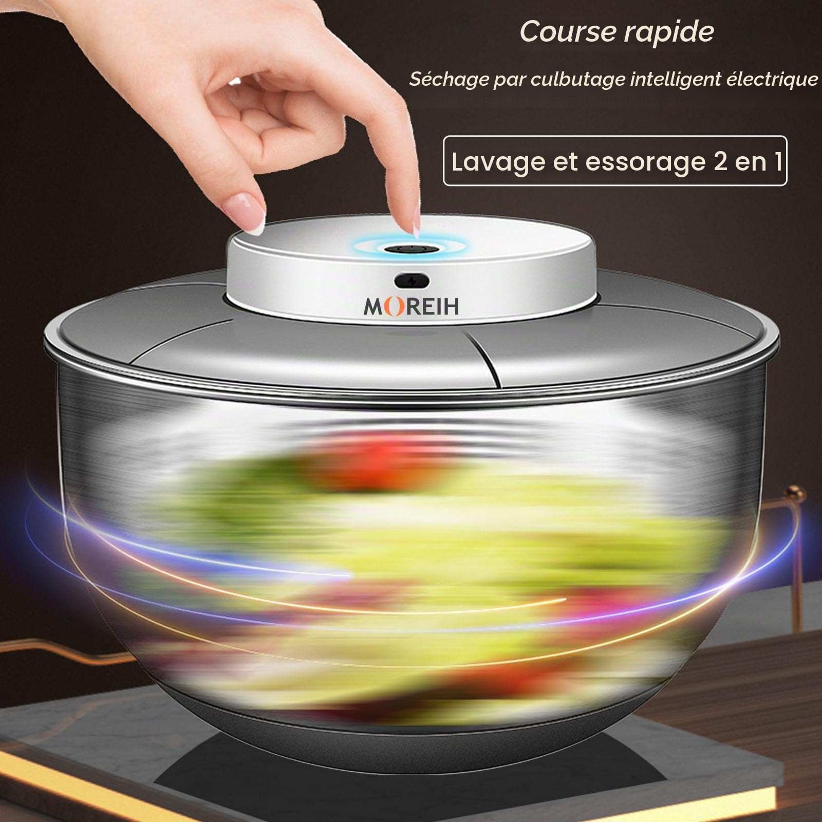 Essoreuse à salade électrique, 4,8L Essoreuse à laitue de grande capacité Rotateur de salade en acier inoxydable Séchoir à légumes Lave-fruits Nettoyant pour laitue Panier de drainage