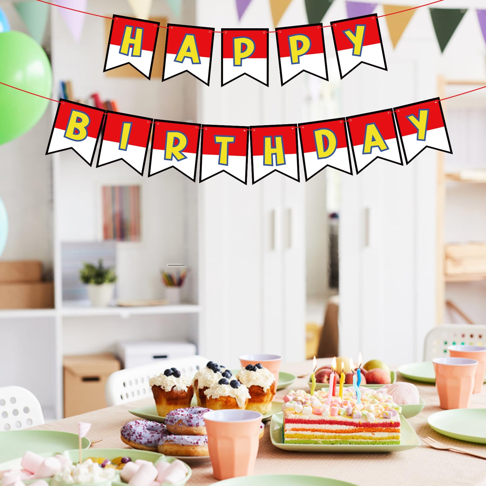 Sfondo di Buon Compleanno con Cartoni Animati, Grande Striscione di Compleanno Rosso e Bianco a Tema Cartone Animato per Decorazioni di Compleanno per Bambini