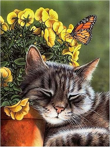 KEOOID Kits de pintura de diamantes de flores para adultos, niños y principiantes, arte redondo con gemas de gato y mariposa con diamantes 5D para
