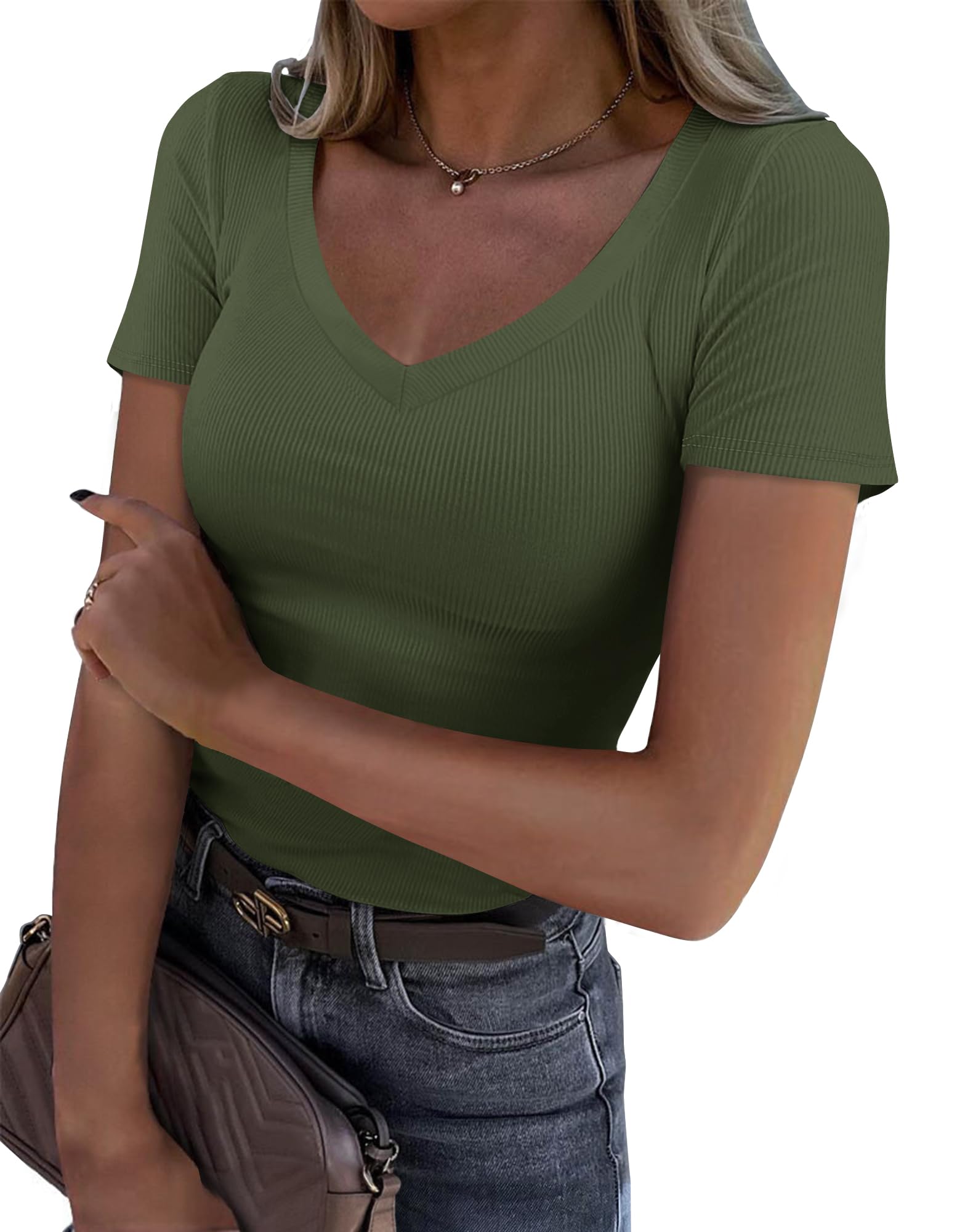 Roselux Women V Neck Ribbed Fitted Tight Tshirt Short Sleeve Shirt Basic Knit Top