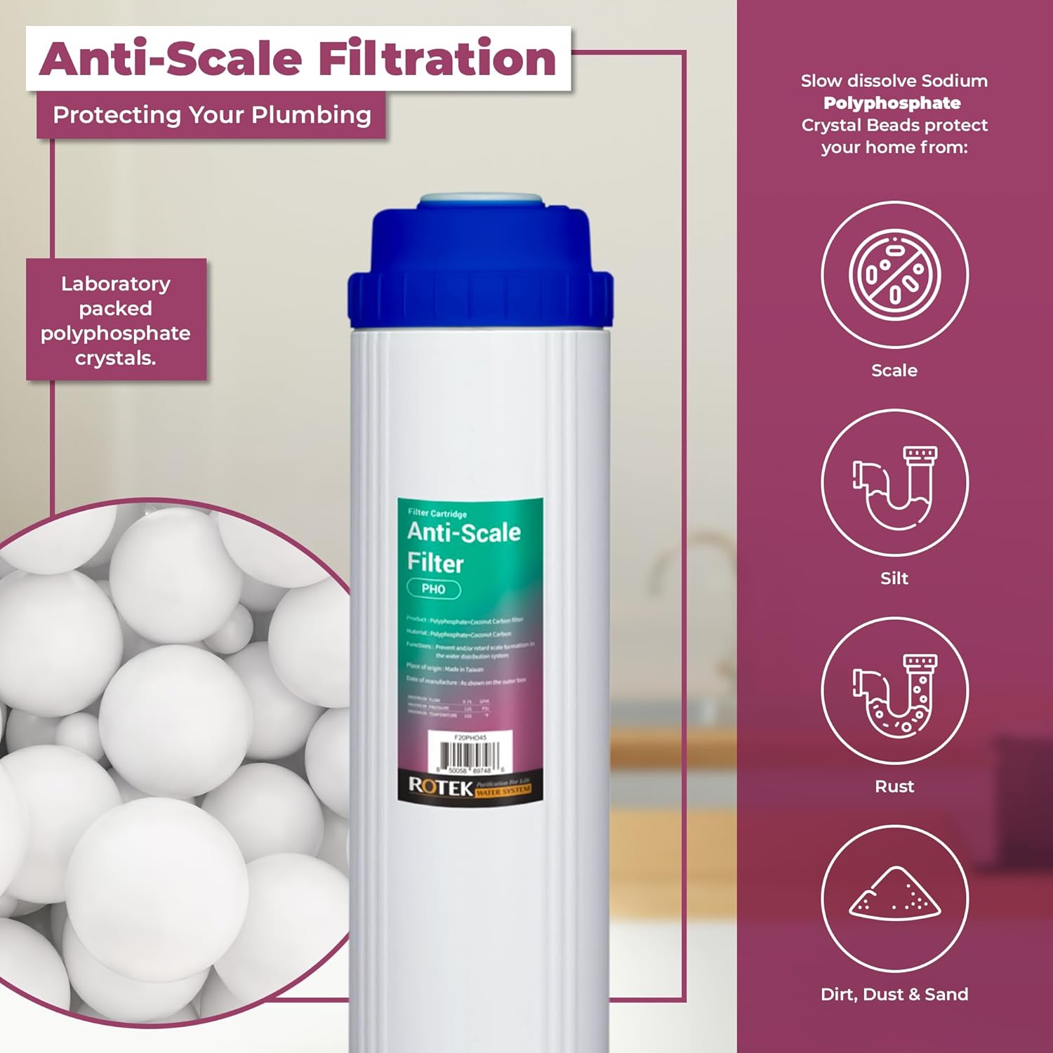 Rotek Water Systems Whole House Water Filtration Set | 3-Stage Water Filter System | 1SED, 1PHO, 1ACB | Clean Water | Sediment, Carbon Block, & Polyphosphate Anti-Scale Filter | 1y Supply | 20 Inch