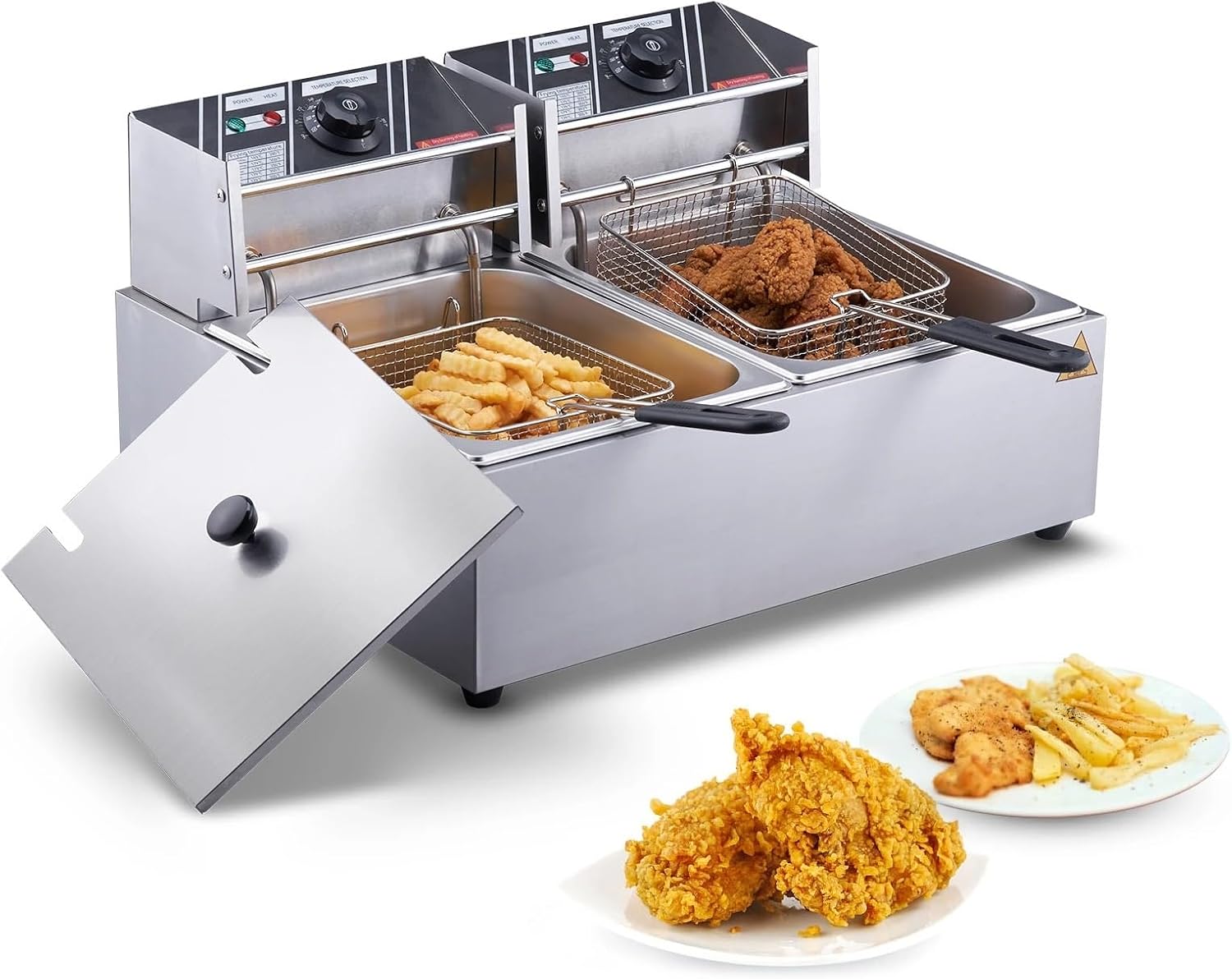 Electric Commercial Deep Fryer 12L Fryer 5000W Twin Basket Dual Tank Countertop Stainless Steel Deep Fryer Professional Oil Frying Machine for French Fries Chicken Fish Restaurant Catering Kitchen
