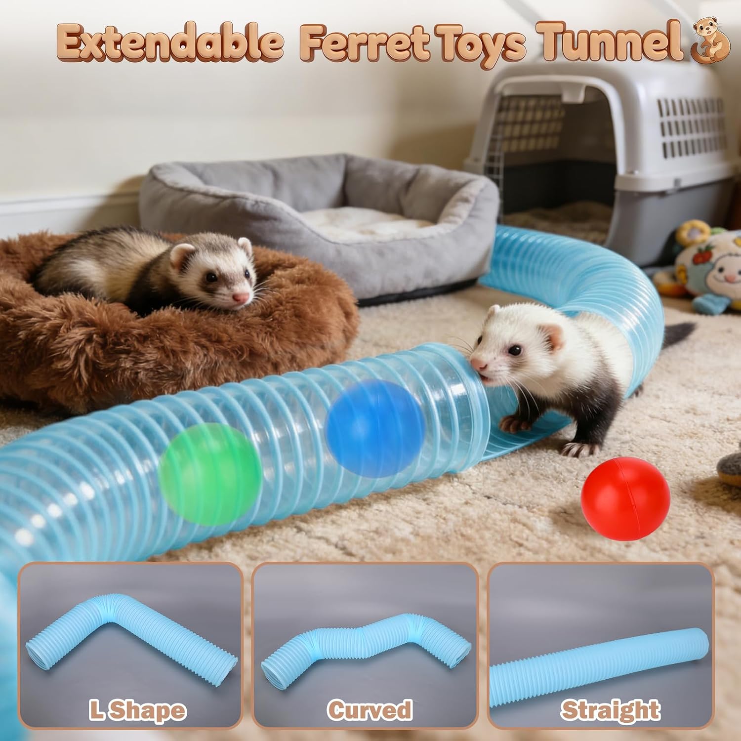 Mity rain 2PCS Ferret Toys with 6 Balls Inclueded | Collapsible Tunnel Tube Accessories for Ferrets, Guinea Pigs, Hamsters, Expandable Interactive Toys Supplies for Small Pets