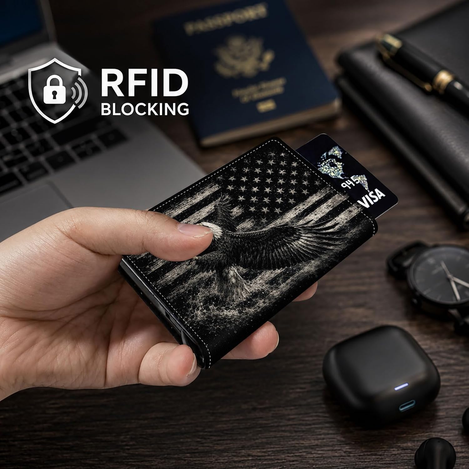 Wallet for Men, RFID Blocking Pop-Up Card Holder, American Flag Eagle image 5