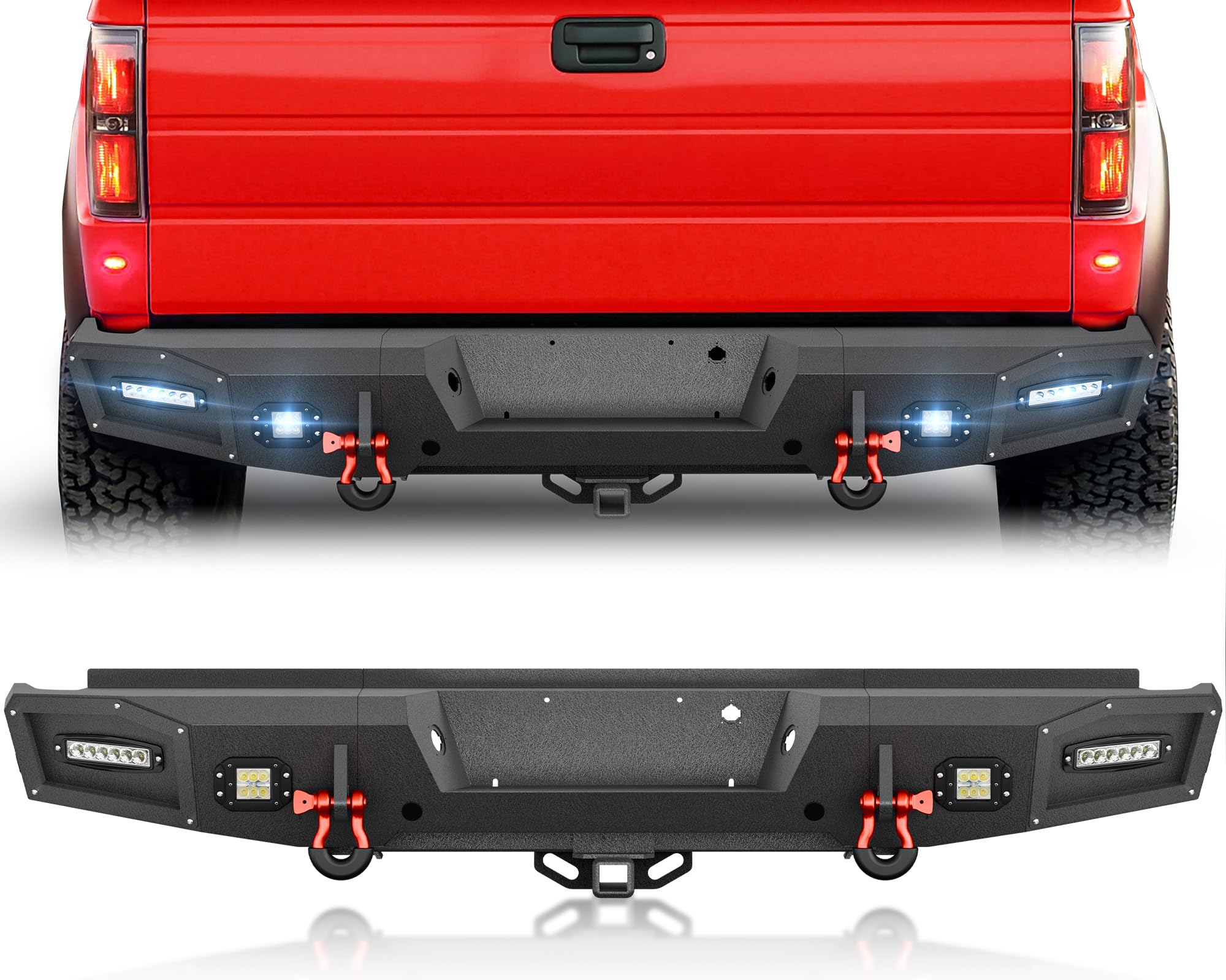 YZONA Rear Bumper Compatible with 2009-2014 Ford F-150 with LED Lights and D-rings